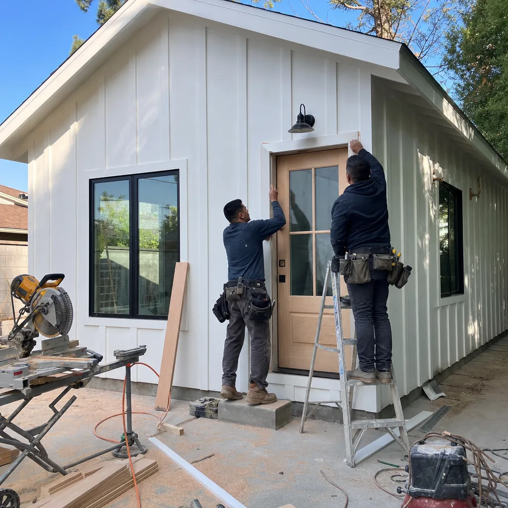 Two construction workers installing trim on a modern white backyard ADU