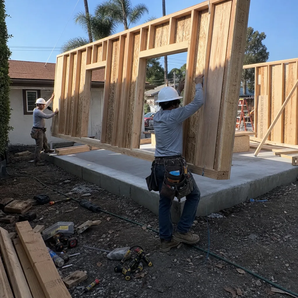 Professional construction workers installing wooden wall framing for a new ADU