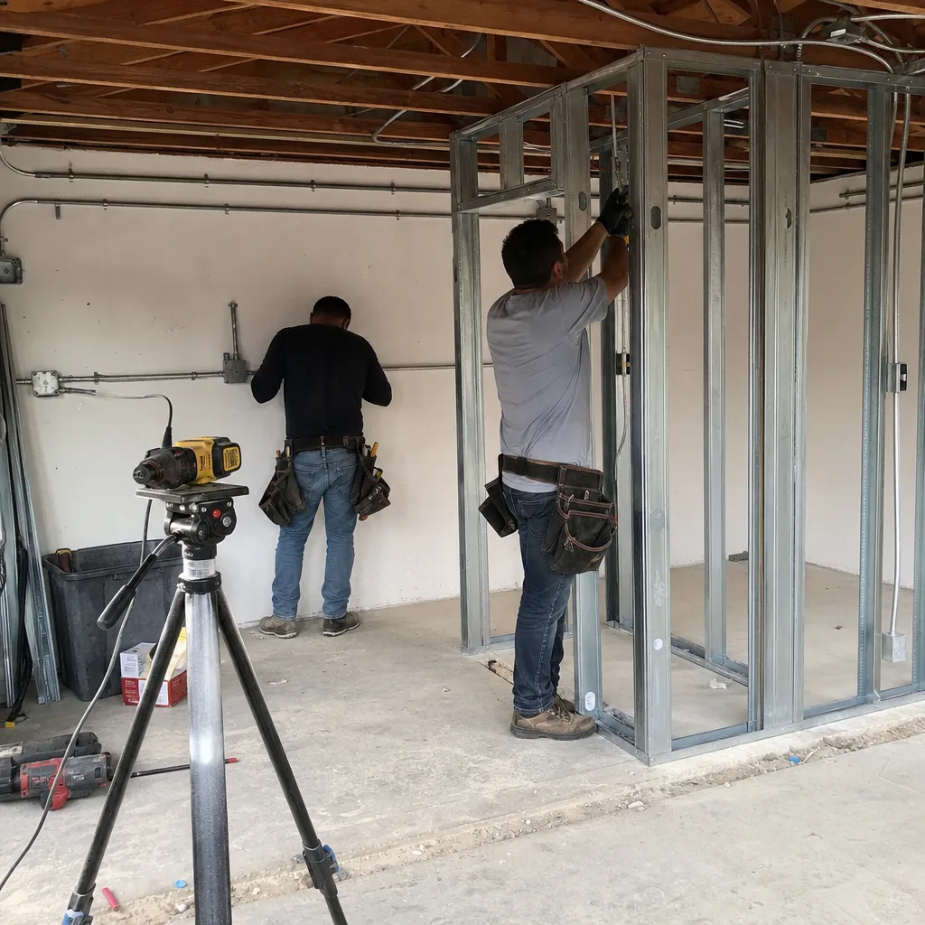 Contractors installing metal wall framing during a garage conversion project