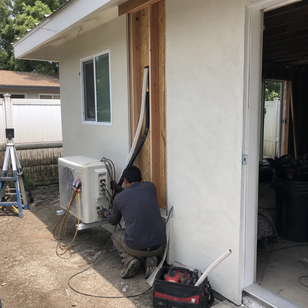 HVAC technician installing air conditioning unit for garage conversion renovation