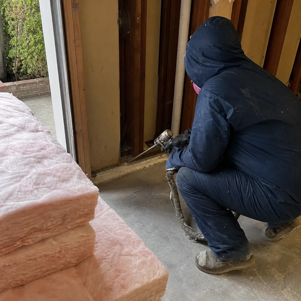 Contractor applying spray foam insulation during a professional garage conversion project