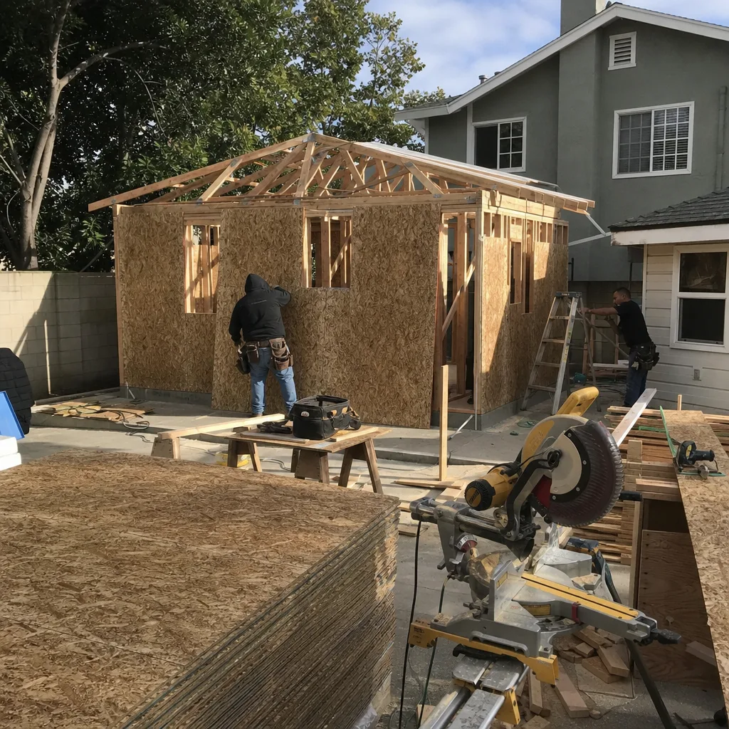 Contractors installing plywood sheathing on a backyard room addition construction project.