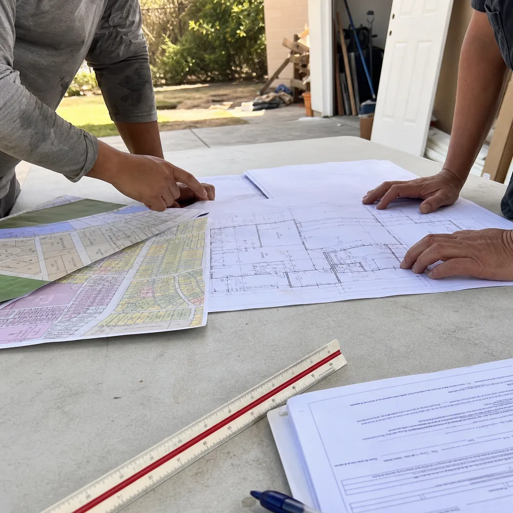 contractors reviewing house blueprints and construction plans on a table