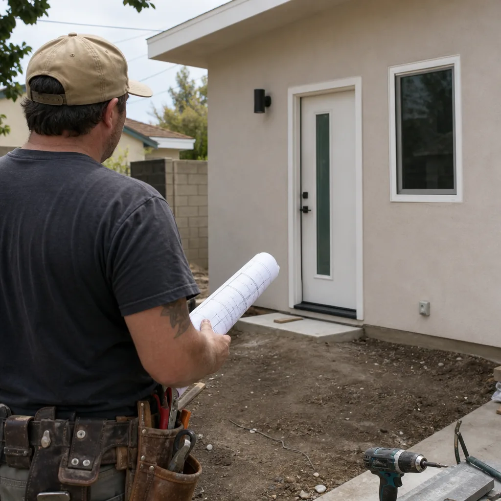 Contractor holding blueprints in front of a modern residential room addition