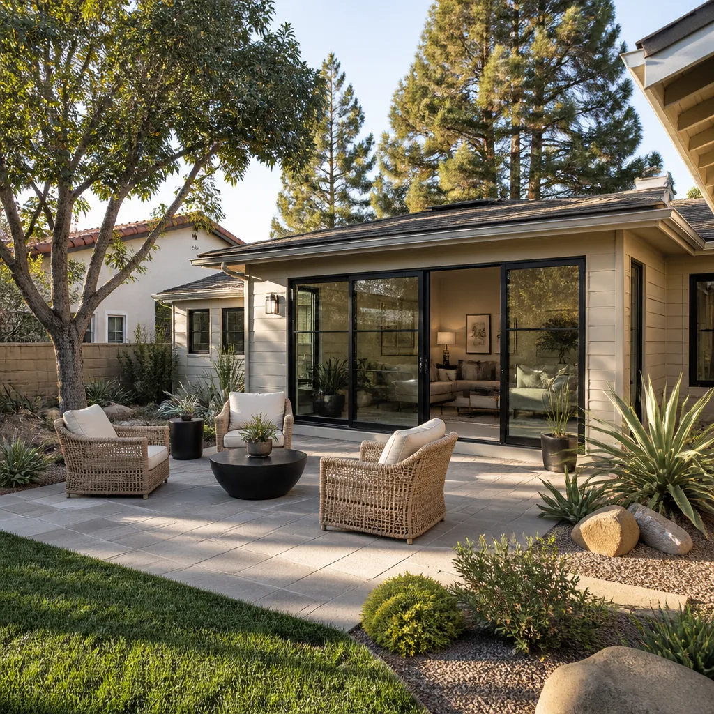 A single-story rear room addition with tall windows and a new patio